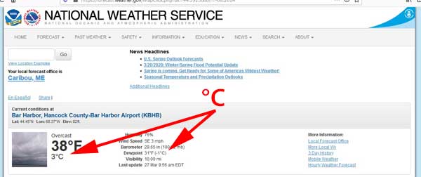 F to C weather temps NOAA screenshot